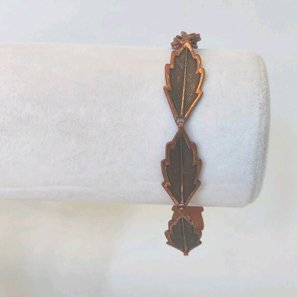 Copper Leaf Link Style Bracelet Clamp Style Clasp Approx. 7" Mid Century Vtg - Picture 2 of 6